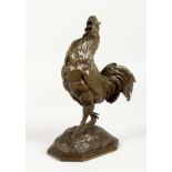 ALFRED BARYE (1839-1882) FRENCH A VERY GOOD BRONZE OF A COCKEREL crowing on a long octagonal base.
