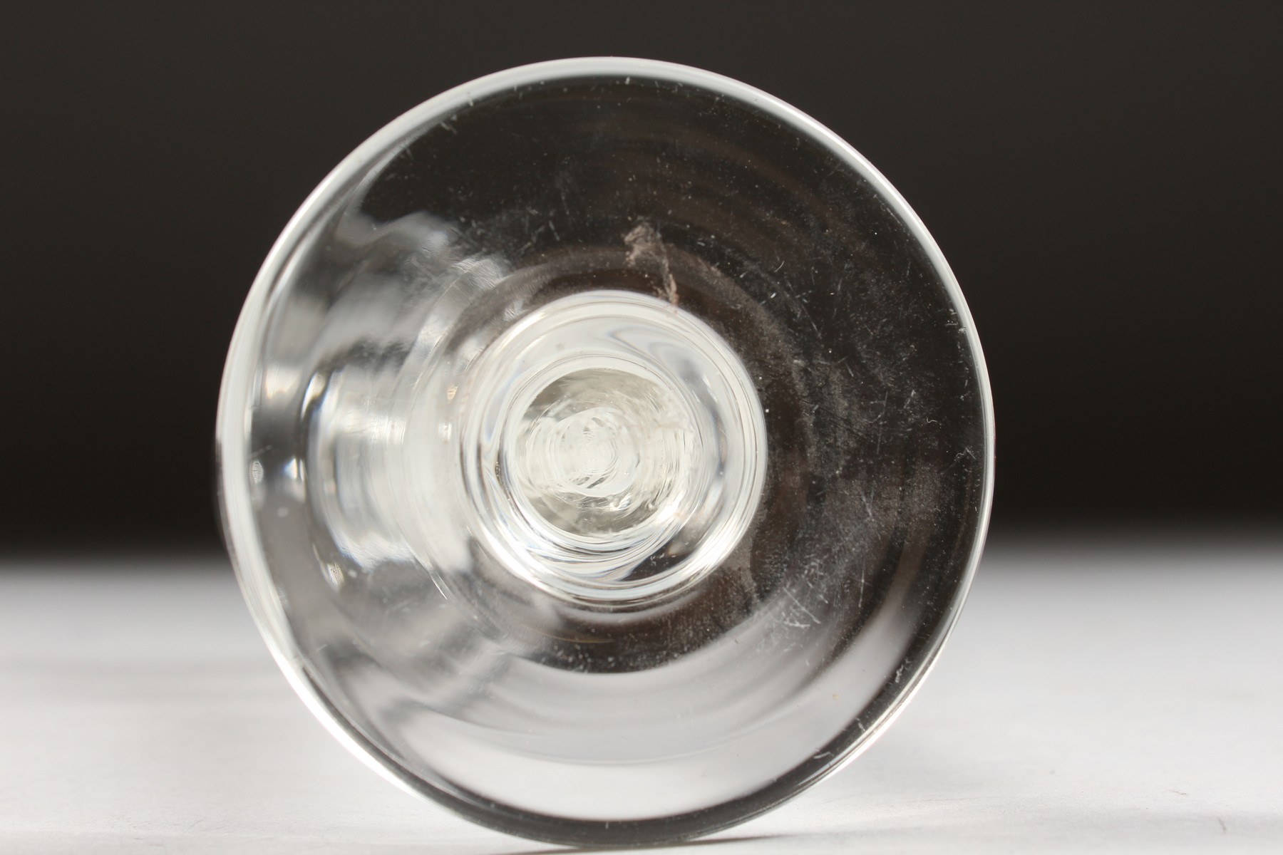 A GEORGIAN WINE GLASS, with inverted bell bowl etched with fruiting vines, with white air twist - Image 10 of 10