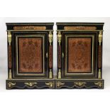 A VERY GOOD PAIR OF 19TH CENTURY EBONY, ORMOLU AND ENGRAVED BRASS PIER CABINETS, each having a