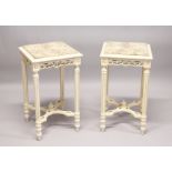 A PAIR OF FRENCH STYLE CARVED AND PAINTED WOOD LAMP TABLES, with square marble tops. 2ft 4ins high x