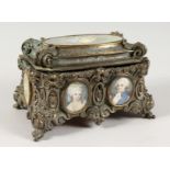 A GOOD FRENCH GILDED METAL JEWELLERY CASKET, with velvet interior, the sides inset with floral