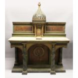 A LARGE RUSSIAN PAINTED WOODEN ALTAR with four column supports, domed top over a small cupboard with
