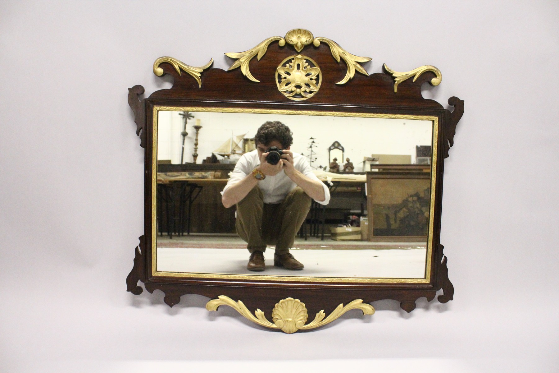 A GOOD GEORGE III DESIGN MAHOGANY FRETWORK FRAME WALL MIRROR, with pierced, carved and gilded frame. - Image 3 of 4