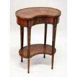 A GOOD SMALL 19TH CENTURY ROSEWOOD AND EBONY KIDNEY SHAPE TWO-TIER TABLE, with radiating veneered