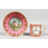 A GOOD SEVRES PINK GROUND CUP AND SAUCER, the cup painted with three portraits of ladies,