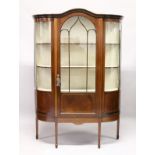 AN EDWARDIAN MAHOGANY AND INLAID STANDING DISPLAY CABINET, with three-quarter length glazed