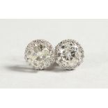 A PAIR OF DIAMOND EAR STUDS, the central stone surrounded by further small diamonds.