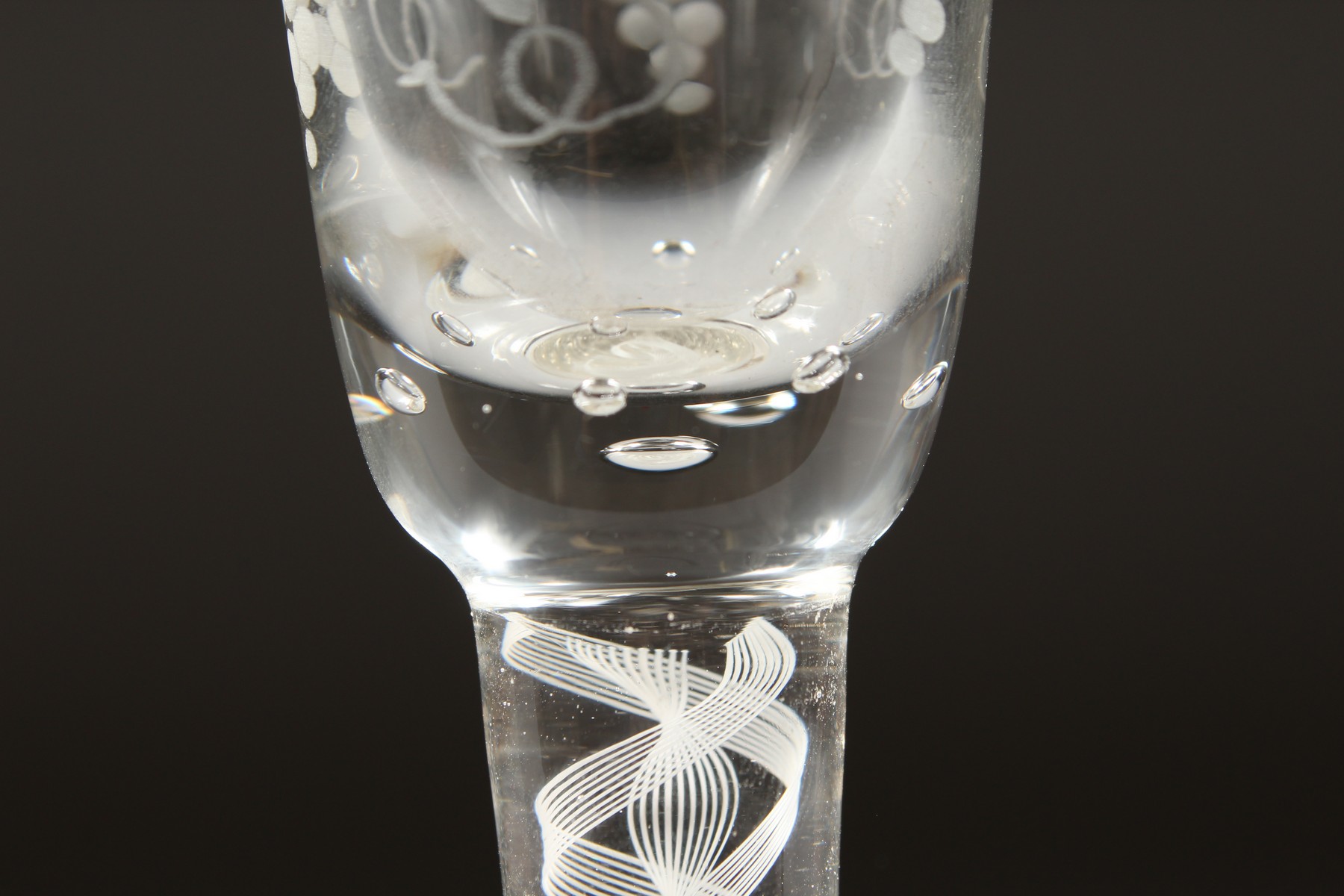 A GEORGIAN WINE GLASS, with inverted bell bowl etched with fruiting vines, with white air twist - Image 9 of 10