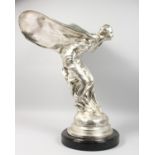 A LARGE AND IMPRESSIVE SILVERED BRONZE MODEL OF THE SPIRIT OF ECSTASY, on a marble base. 31ins
