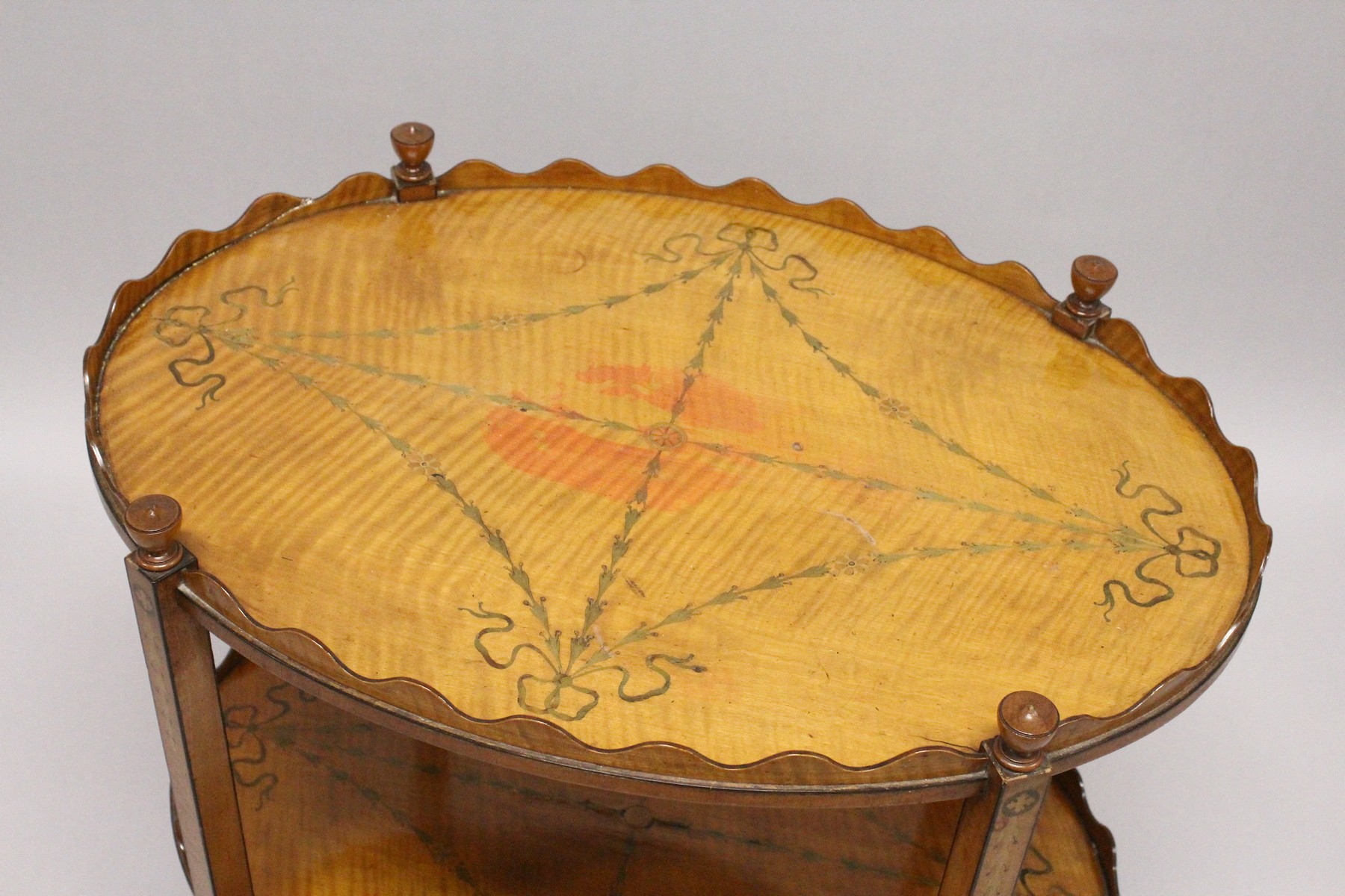 A GOOD SHERATON REVIVAL SATINWOOD AND MARQUETRY TWO TIER OVAL ETAGERE, the galleried top and - Image 2 of 4