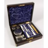 A VERY GOOD VICTORIAN COROMANDEL BRASS BOUND VANITY CASE by A. F. DONAGAN, CAMBRIDGE, with blue