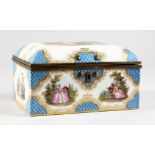 A VERY GOOD, POSSIBLY GERMAN, PORCELAIN CASKET AND COVER, painted with panels of young ladies and