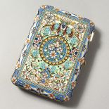 A GOOD RUSSIAN SILVER GILT AND ENAMEL DECORATED CIGARETTE CASE. 5ins x 3.5ins.