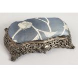A VICTORIAN PIERCED SILVER PIN CUSHION with padded top and blue silk interior. Birmingham 1896.