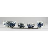 A CAUGHLEY BLUE AND WHITE CUP and a bowl, 4.5ins diameter, and a pair of bowls, 2.75ins diameter.