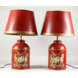A PAIR OF LARGE TOLEWARE STYLE LAMPS AND SHADES. Lamps 18ins high.
