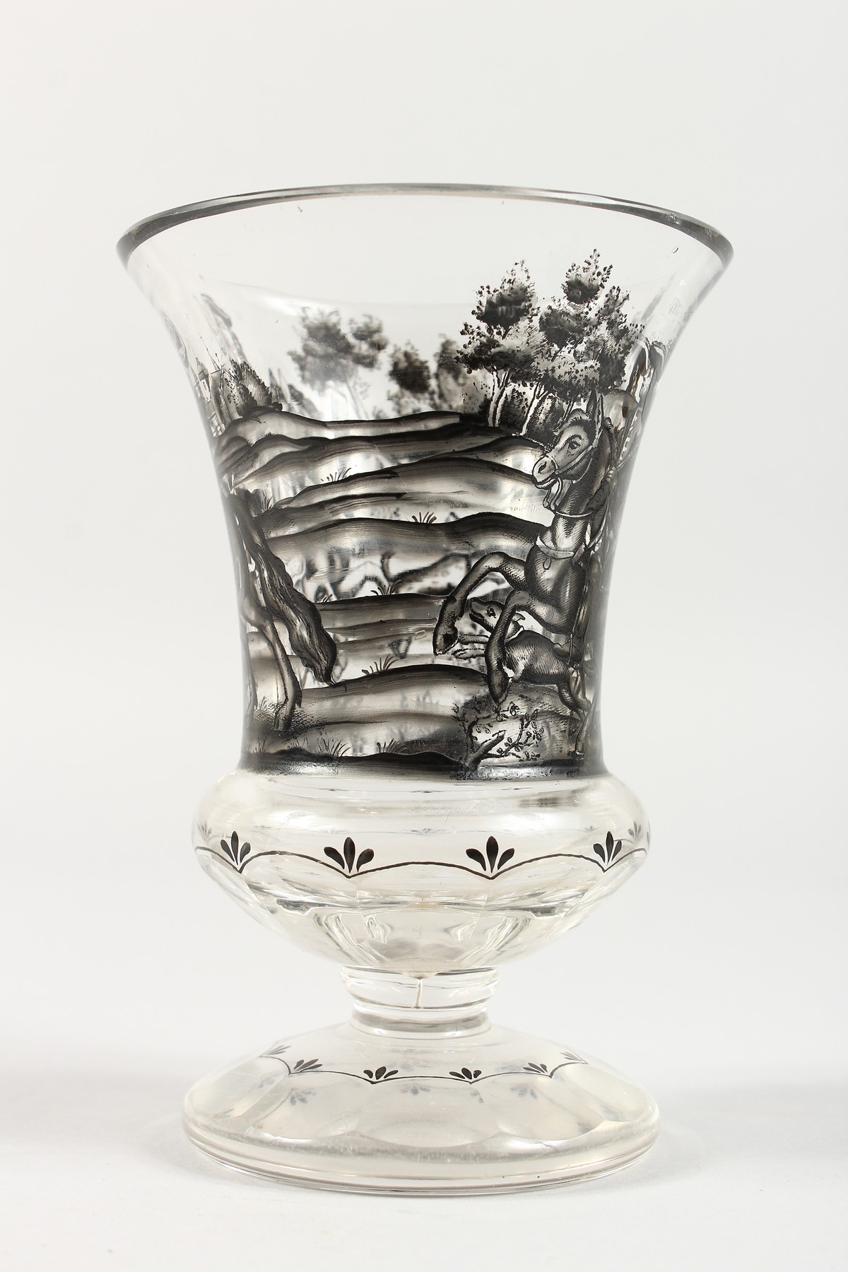 A GERMAN GLASS BEAKER painted with a hunting scene. 8.5ins high. - Image 2 of 4