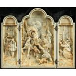 A HISTORICAL SCENE IN IVORY, AN EARLY 19TH CENTURY FRENCH TRIPTYCH in colour showing Louis XVIth and