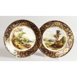 A LATE 19TH CENTURY DERBY PAIR OF WALL PLATES with hanging holes, painted with named scenes.