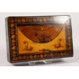 A GOOD SMALL SORRENTO INLAID BOX, with hinged lid, olive wood, inlaid dolphins and flowers. 5ins