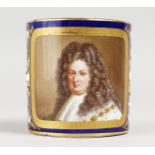 A SMALL 19TH CENTURY SEVRES MUG, jewelled and painted with a portrait of Louis XIV, on a blue