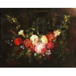 20th century British school, a still life of flowers with carved figures behind, oil on board,
