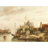 British school (19th/20th century), A boat at a quay with figure boarding and a town beyond, oil