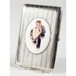AN ENGINE TURNED SILVER CIGARETTE CASE, with an oval of a model with a fur coat.