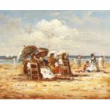 20th century continental school, A beach scene with figures sat under parasols, and the sea