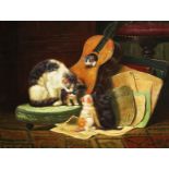 20th century continental school, a scene of cats toying with a guitar, oil on board, signed 'C.