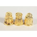 THREE SILVER GOLD PLATE NOVELTY THIMBLES.