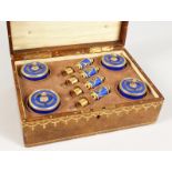 A VERY GOOD RUSSIAN SILVER, ENAMEL AND DIAMOND SET OF FOUR BRUSHES AND HOLDERS with blue enamel,