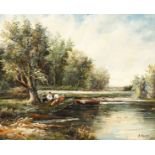 20th century British school, A river landscape with figures reclining in the shade of a tree, with