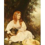 20th century British, A study of a young lady and her dog resting under a tree, oil on canvas,