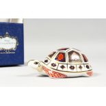 A ROYAL CROWN DERBY TURTLE PAPERWEIGHT with gold stopper, box and certificate.