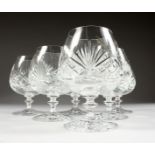 SIX CUT CRYSTAL BALLOON BRANDY GLASSES.