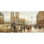 20th century continental school, An impressionist Parisian street scene with street vendors and