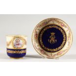 A SEVRES CRESTED RICH BLUE CUP AND SAUCER. Sevres mark in blue.