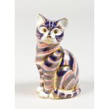 A ROYAL CROWN DERBY PAPERWEIGHT CAT, gold stopper and box.