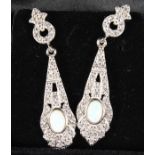 A PAIR OF SILVER AND OPAL DECO DESIGN DROP EARRINGS.