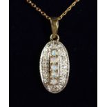 A 9K GOLD FIVE STONE OPAL AND DIAMOND DECO STYLE PENDANT AND CHAIN.