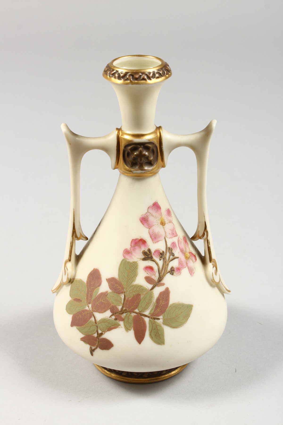 A ROYAL WORCESTER IVORY TWO HANDLED VASE painted with roses highlighted with gilding, date blue mark - Image 5 of 7