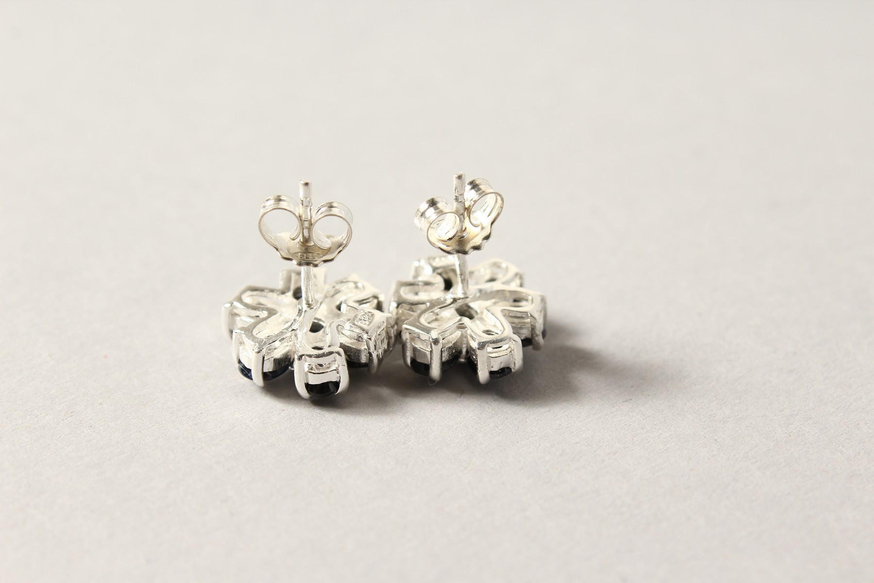 A PAIR OF SILVER AND SAPPHIRE EARRINGS. - Image 2 of 2