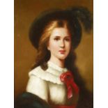 Late 20th century British school, A half-length portrait of a lady in a hat, oil on canvas,