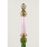 A SUPERB RUSSIAN JADE, GUILLOCHE ENAMEL AND SILVER GILT PAGE TURNER with elephant handle. 10ins