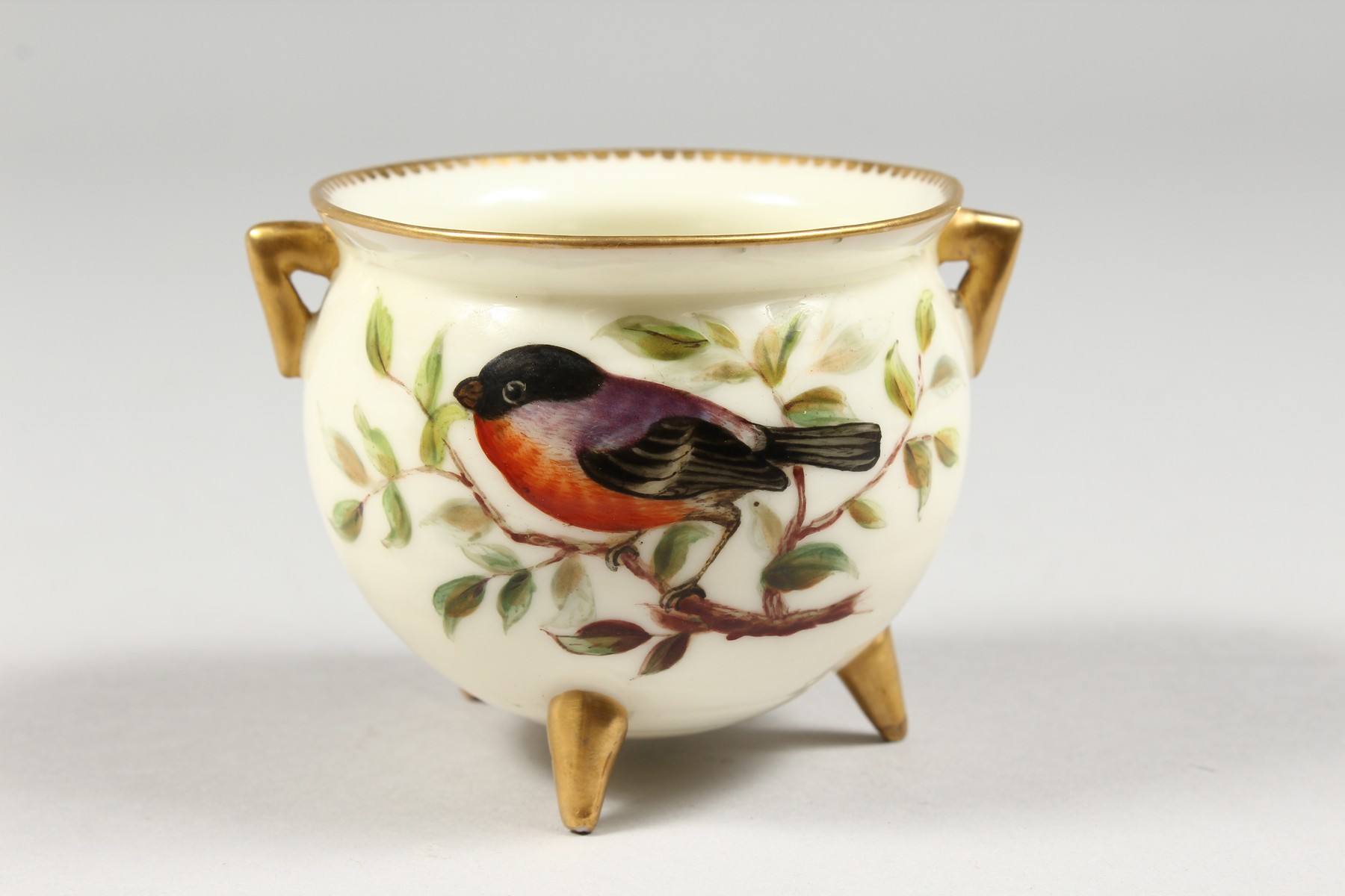 A ROYAL WORCESTER CAULDRON on three conical feet painted with a bird by Hopewell, blue mark, 1880' - Image 2 of 4