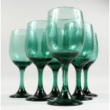 SIX LARGE GREEN WINE GLASSES.