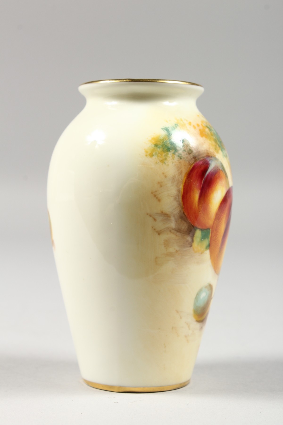 A ROYAL WORCESTER VASE PAINTED WITH FRUIT BY ROBERTS, signed, black mark, shape G461. - Image 3 of 6