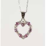 A 9CT GOLD, SAPPHIRE AND DIAMOND HEART NECKLACE.