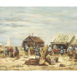 20th century continental school, A beach scene with figures at a Fish market, oil on board,
